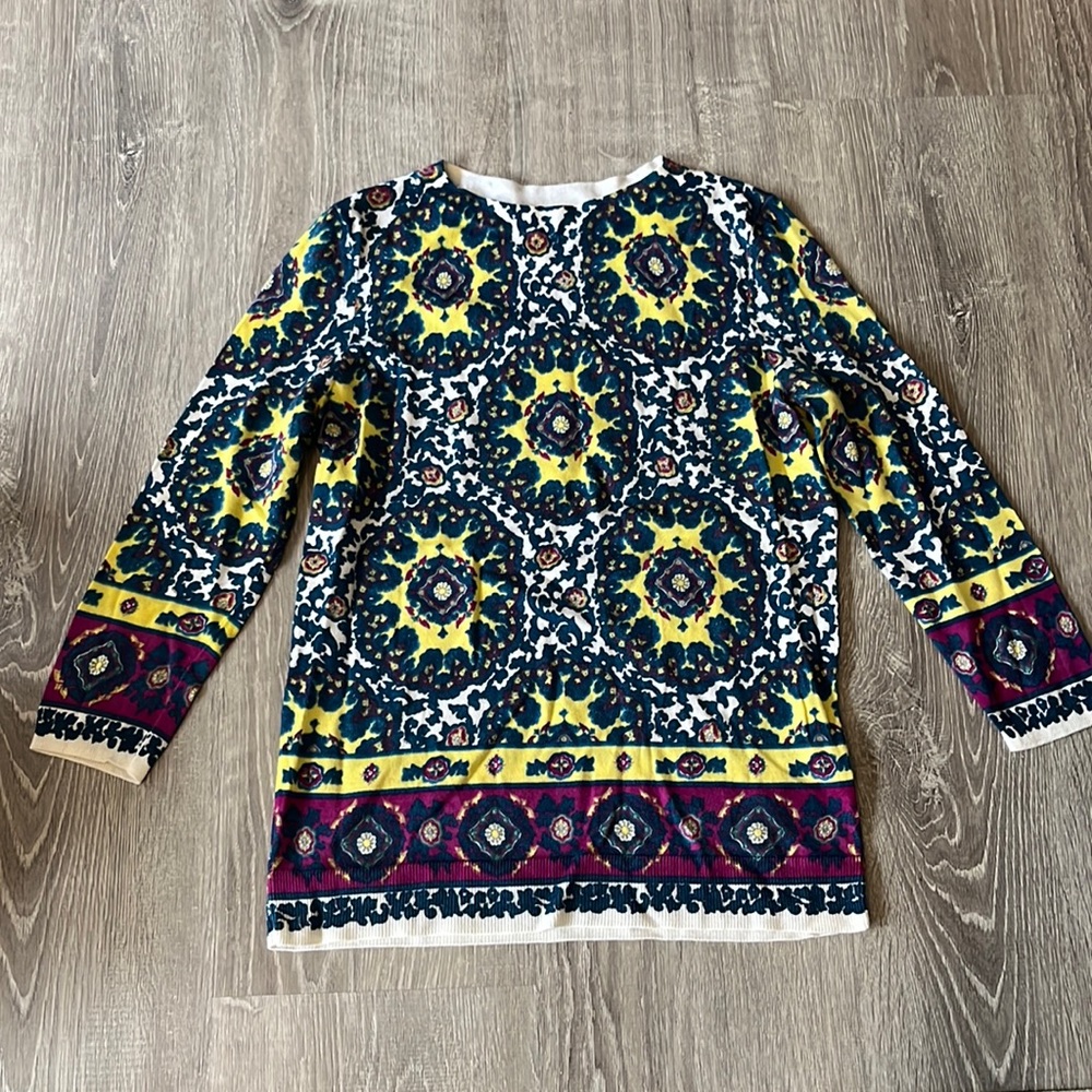 Talbots Yellow Navy Pink Medallion Crewneck Sweater